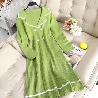 Contrast Trim Long-sleeve Knitted A-line Dress