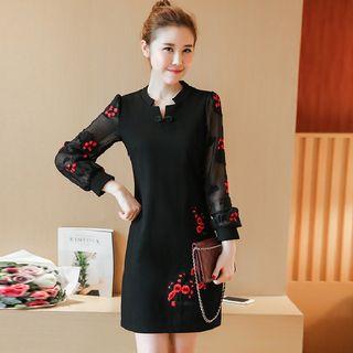 Flower Embroidered Long Sleeve Mesh Panel Dress