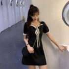 Puff Sleeve Contrast Trim Square Neck A-line Dress