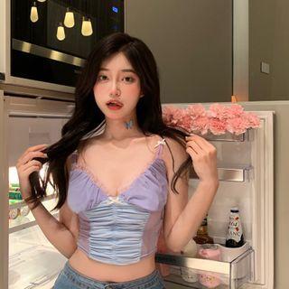 Mesh Panel Cropped Camisole Top Purple - One Size