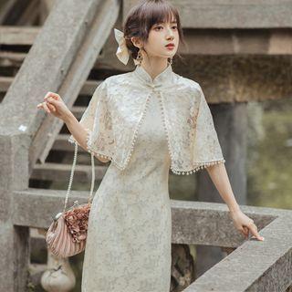 Set: Sleeveless Lace Midi Sheath Qipao Dress + Cape
