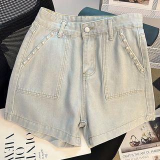Faux Pearl Trim Denim Hot Pants