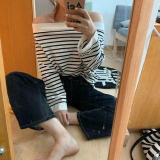 Off-shoulder Striped Knit T-shirt