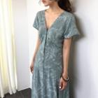 Printed Short-sleeve V-neck Button Maxi A-line Dress Grayish Green - One Size