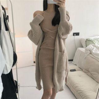 Sleeveless Mini Sheath Dress / Long Cardigan / Set