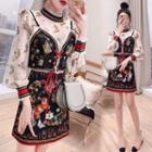 Set: Printed Long-sleeve A-line Dress + Camisole Top