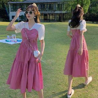 Short Sleeve Two Tone Drawstring A-line Dress