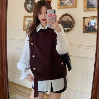 Long-sleeve Shirt / Button Detail Knit Vest