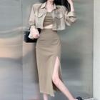 Cropped Shirt Jacket / Lettering Bandeau Top / Midi Pencil Skirt / Set