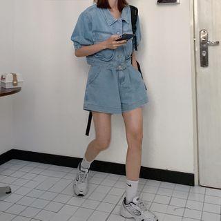 Set: Cropped Denim Semi Sleeve Top + Denim Shorts
