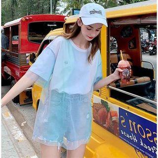 Elbow-sleeve Gradient Mesh Overlay T-shirt