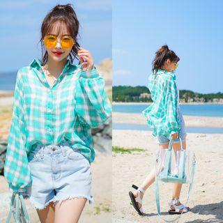 Bishop-sleeve Plaid Shirt