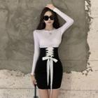 Set: Slim-fit Top + High-waist Lace-up Skirt White & Black - One Size