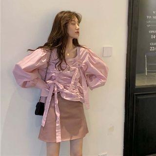 Bow Accent Blouse / High-waist Mini A-line Skirt