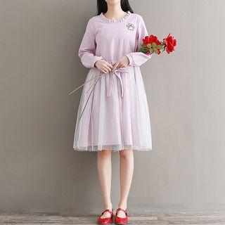 Long-sleeve Embroidered Sher Panel A-line Dress