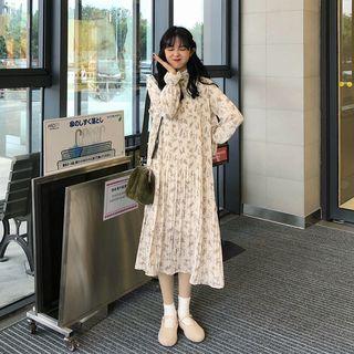 Bell-sleeve Floral Midi Pleated Dress As Shown In Figure - One Size