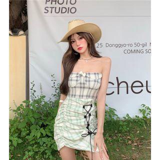 Strapless Plaid Lace-up Mini Sheath Dress