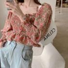 Off-shoulder Puff-sleeve Floral Cropped Blouse