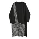 Long-sleeve Zebra Print Panel Midi T-shirt Dress Black - One Size