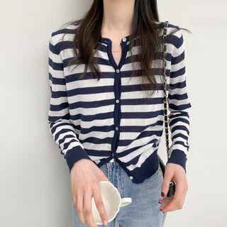 Crewneck Two Tone Striped Knit Cardigan