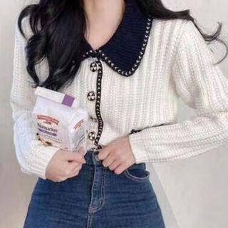 Embroidered Trim Polo-neck Cardigan