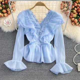 Long Sleeve Ruffled V-neck Blouse