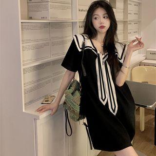 Peter Pan-collar Striped Panel Short-sleeve Plain Dress