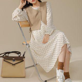 Set: Long-sleeve Floral Print Midi A-line Dress + One-button Vest