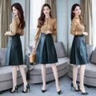 Set: Mandarin Collar Shirt + Faux Leather A-line Skirt With Belt