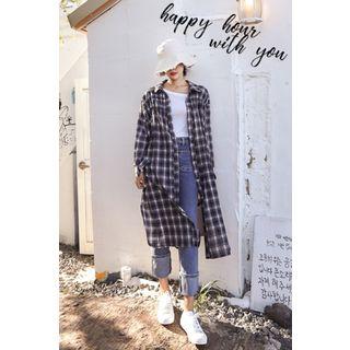 Slit-side Checked Long Shirt