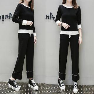 Set: Embellished Long-sleeve Top + Straight-cut Pants