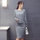 Set: Plain Long-sleeve Knit Top + Midi Skirt