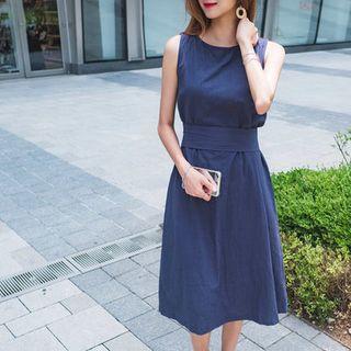 Sleeveless Midi Linen Blend Dress With Sash