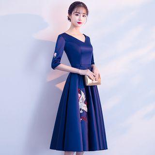 Elbow-sleeve Midi A-line Party Dress