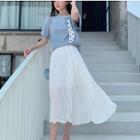 Short-sleeve Tie-accent T-shirt / Midi Ruched A-line Skirt