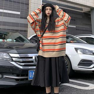 Striped Collared Knit Top / Belted Midi Skirt