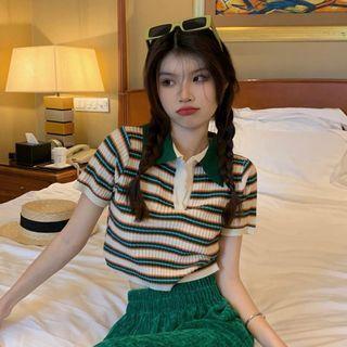 Short-sleeve Striped Knit Polo Shirt Striped - Green & White - One Size
