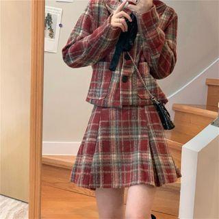 Single-breasted Plaid Jacket / Mini A-line Skirt