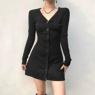Long-sleeve Button-up Mini Sheath Dress