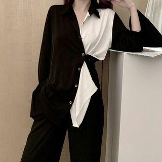 Long-sleeve Color Block Shirt Black & White - One Size