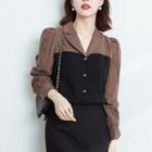 Long-sleeve Open-collar Two-tone Blouse
