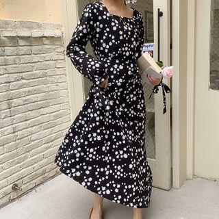 Flower Print Long-sleeve Maxi A-line Dress Black - One Size