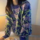 Round-neck Floral Sweater Purple - One Size