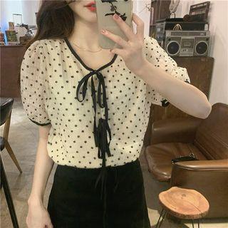 Puff-sleeve Ribbon Dotted Blouse Almond - One Size