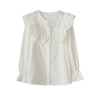 Long-sleeve Embroidered Frill Trim Blouse White - One Size