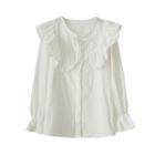 Long-sleeve Embroidered Frill Trim Blouse White - One Size