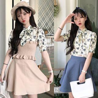 Set: Short-sleeve Floral Print Top + Spaghetti Strap Top + A-line Mini Skirt