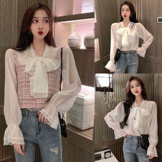 Lace Trim Tie-neck Blouse / Tweed Camisole Top