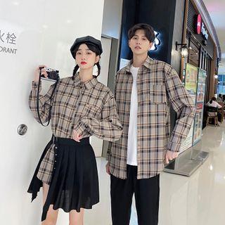 Couple-matching Long-sleeve Plaid Shirt / Pants / Mini Wrap Skirt / Set