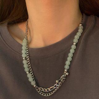 Beaded Layered Chain Necklace Pale Green Beads - Silver - One Size